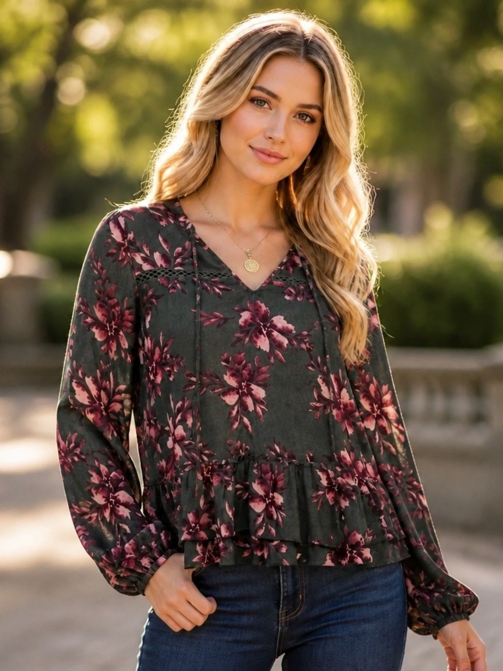 BB Dakota Dark Green Floral Peplum Blouse with Mauve Blooms